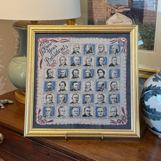 Vintage Framed Americana Know Your Presidents Scalloped Scarf on Ralph Lauren Herringbone in Gold Frame