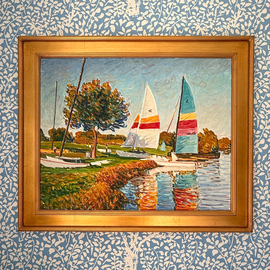 Edmund Jordan Saturday at the Lake Sunfish Sailboats Oil Painting in Gold Frame