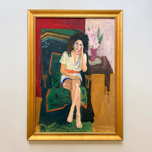 Robert Lee Finch Portrait of Brunette Woman in Colorful Interior Oil Painting in Gold Frame
