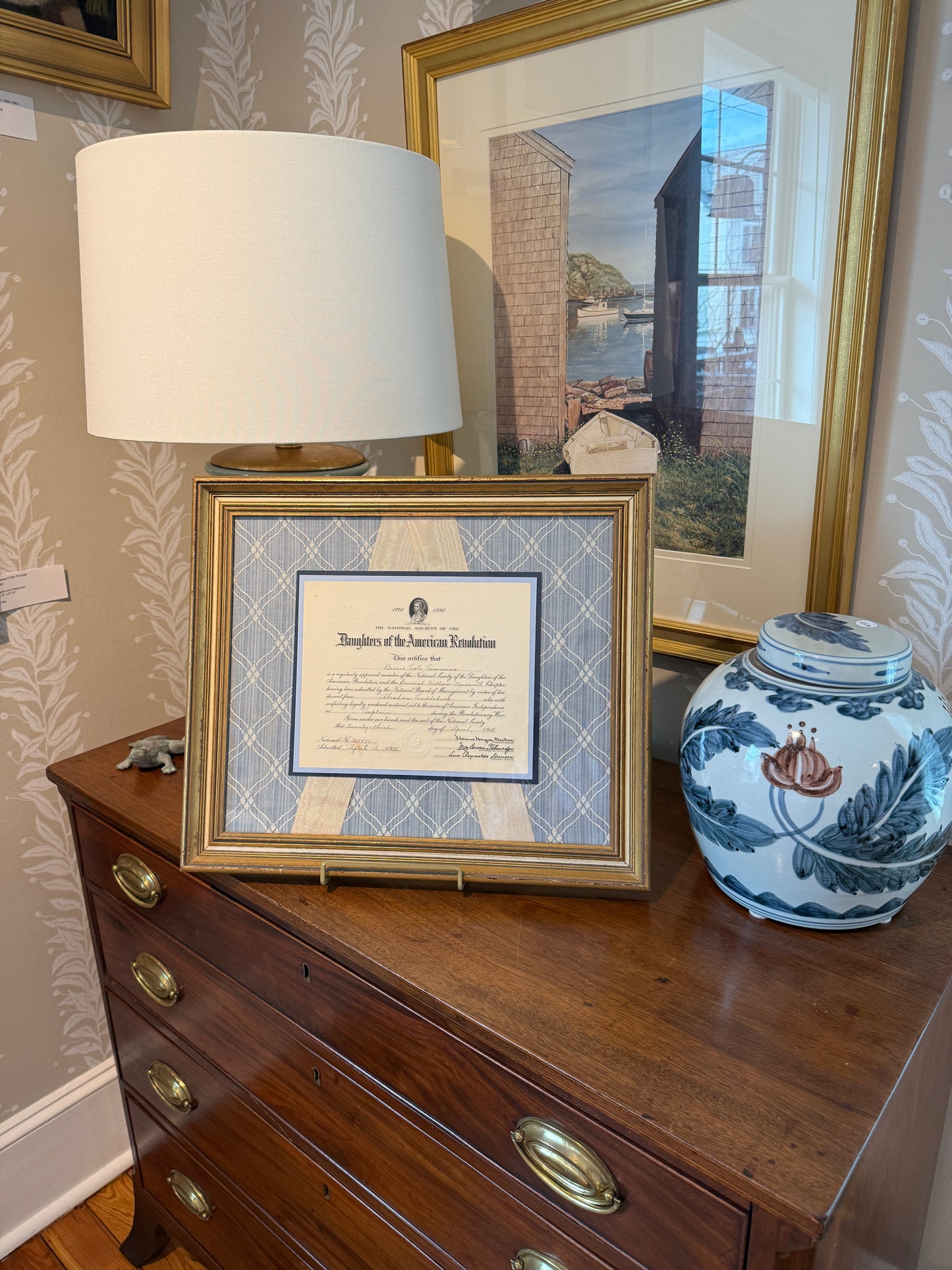 1938 Daughters of the American Revolution Membership Certificate on Light Blue and Washed Silk in Gold Frame