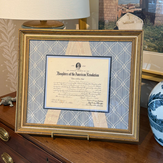 1938 Daughters of the American Revolution Membership Certificate on Light Blue and Washed Silk in Gold Frame