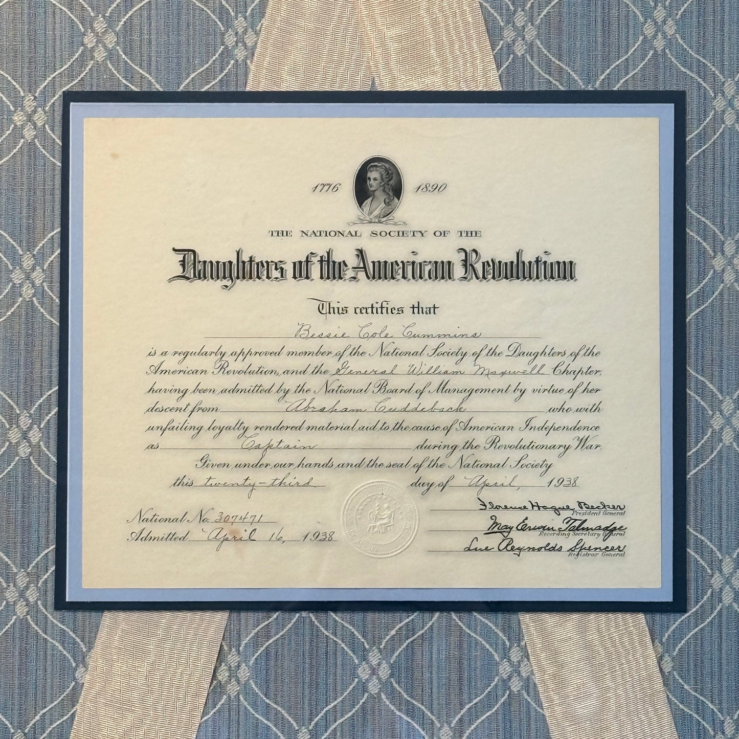 1938 Daughters of the American Revolution Membership Certificate on Light Blue and Washed Silk in Gold Frame