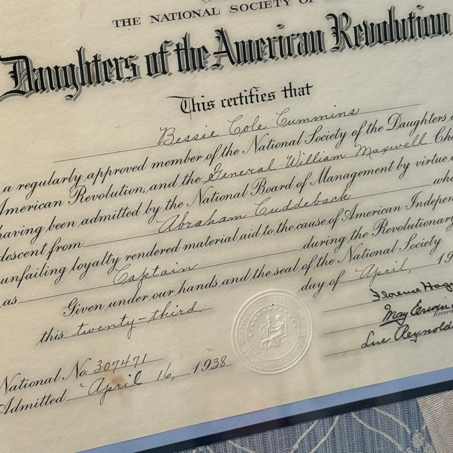 1938 Daughters of the American Revolution Membership Certificate on Light Blue and Washed Silk in Gold Frame
