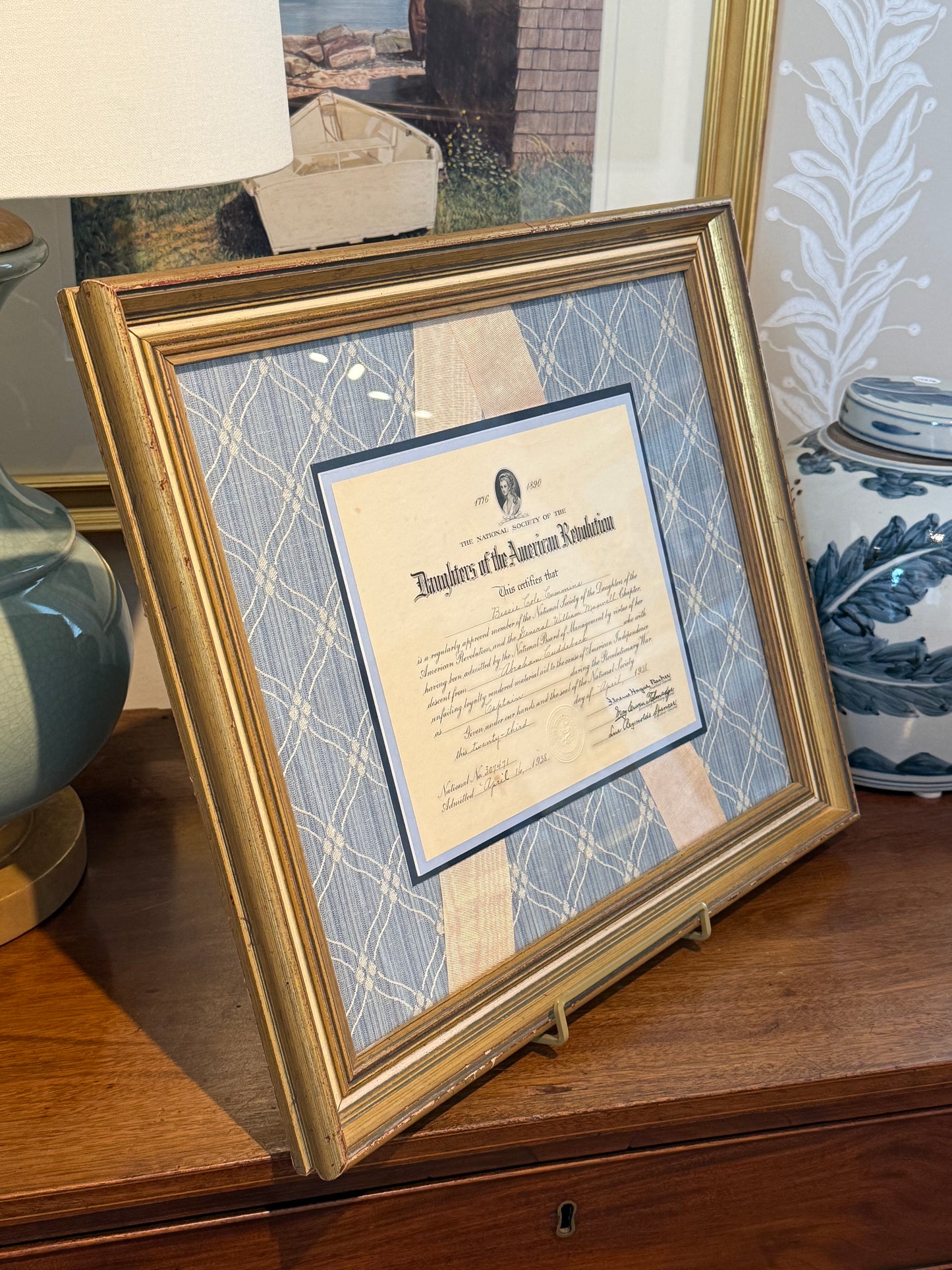 1938 Daughters of the American Revolution Membership Certificate on Light Blue and Washed Silk in Gold Frame