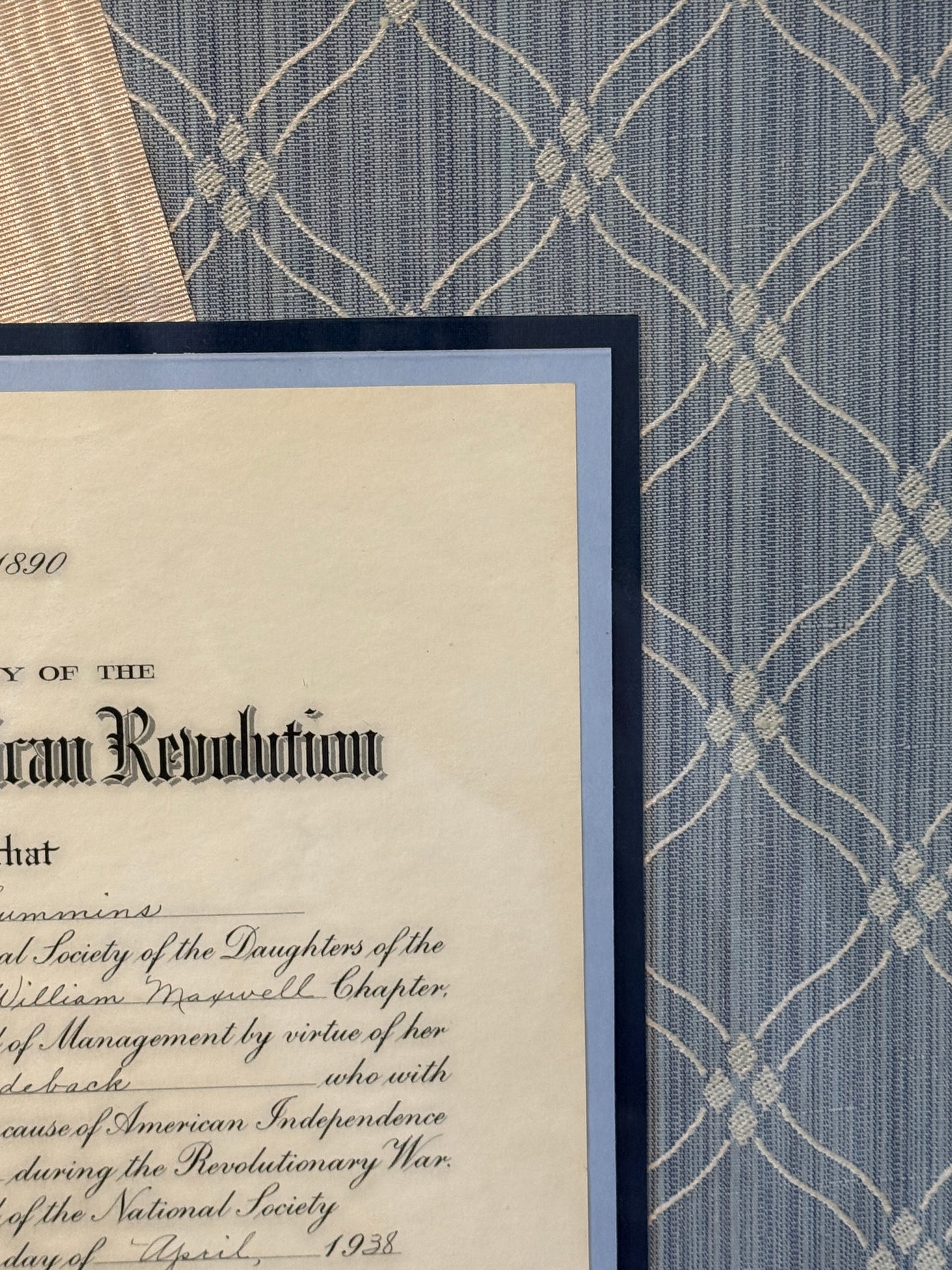 1938 Daughters of the American Revolution Membership Certificate on Light Blue and Washed Silk in Gold Frame