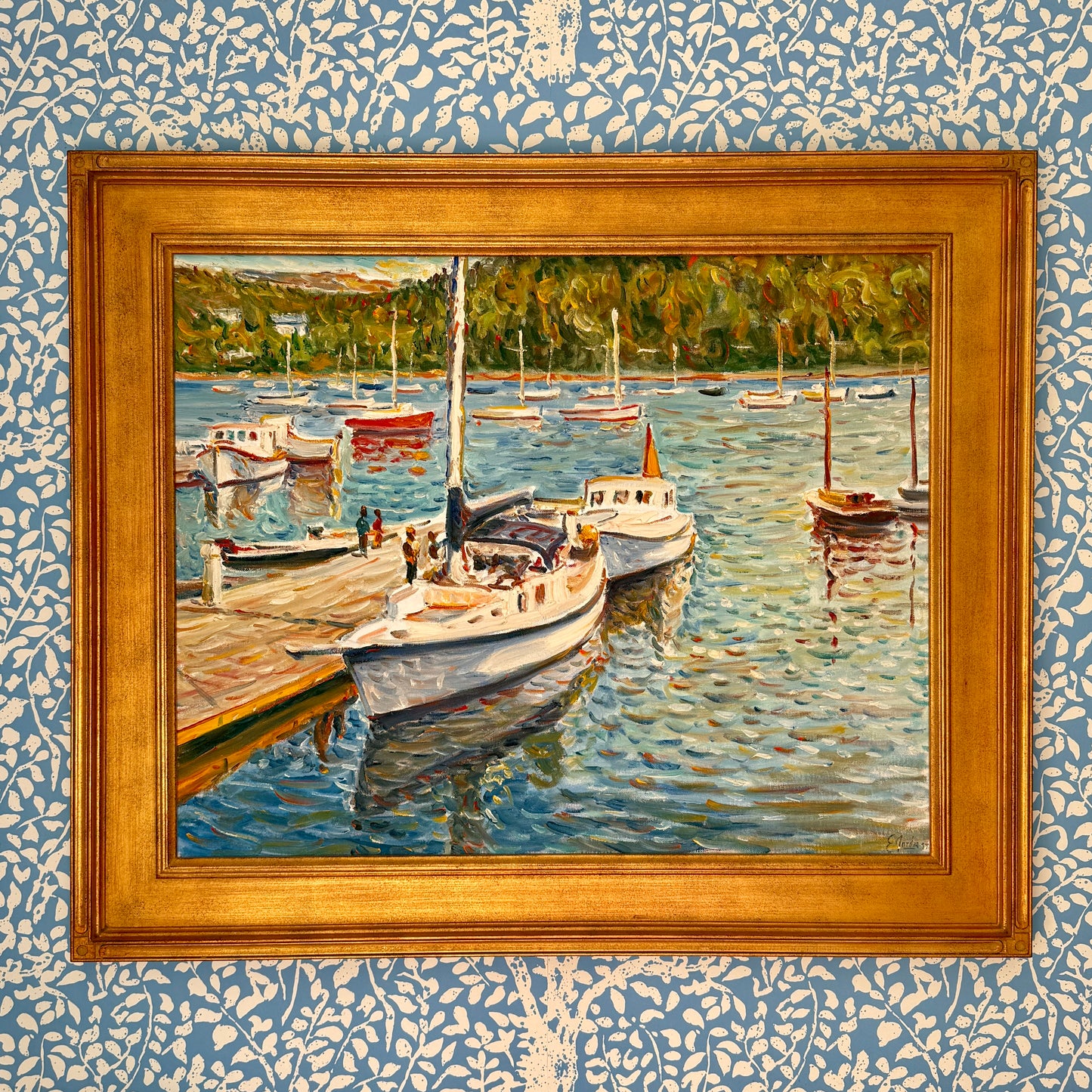 Edmund Jordan New England Sailboat Cove Seascape Oil Painting in Gold Frame