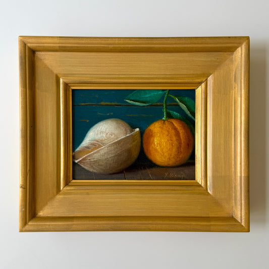 Seashell and Clementine Realist Still Life Oil Painting in Gold Frame