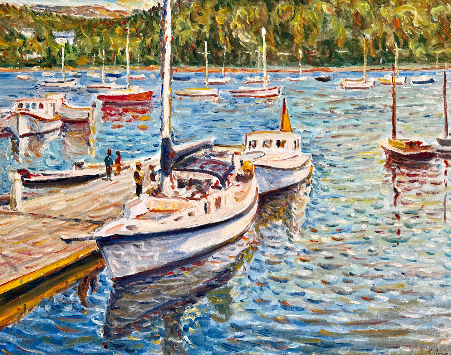 Edmund Jordan New England Sailboat Cove Seascape Oil Painting in Gold Frame