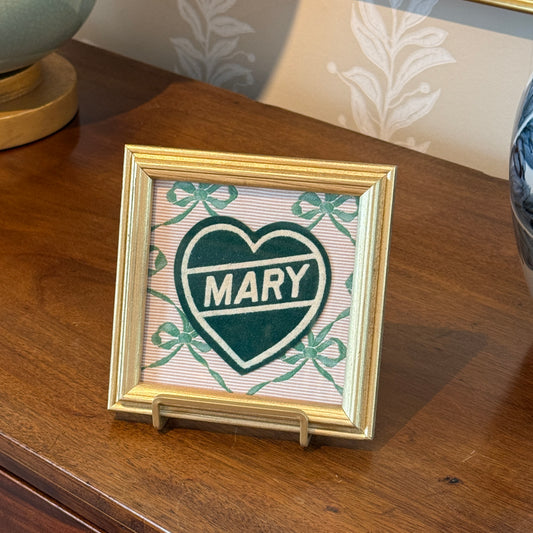 Varsity Varsity Jacket "Mary" Heart Patch on Pink and Green Bows in Gold Frame