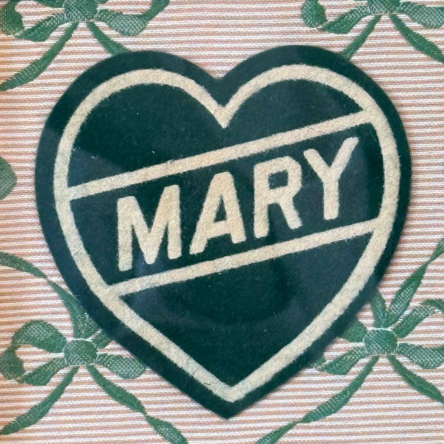 Varsity Varsity Jacket "Mary" Heart Patch on Pink and Green Bows in Gold Frame