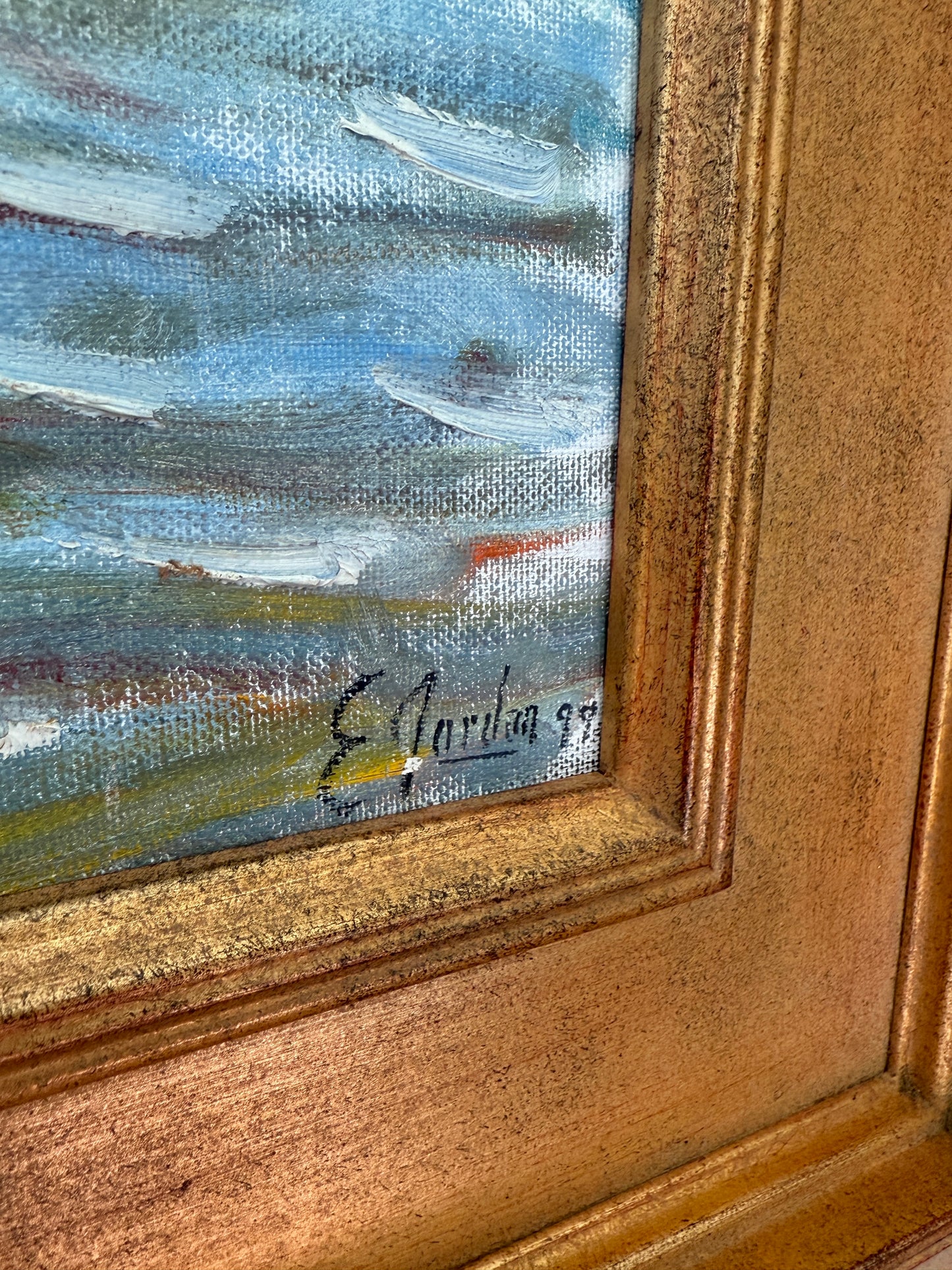 Edmund Jordan New England Sailboat Cove Seascape Oil Painting in Gold Frame
