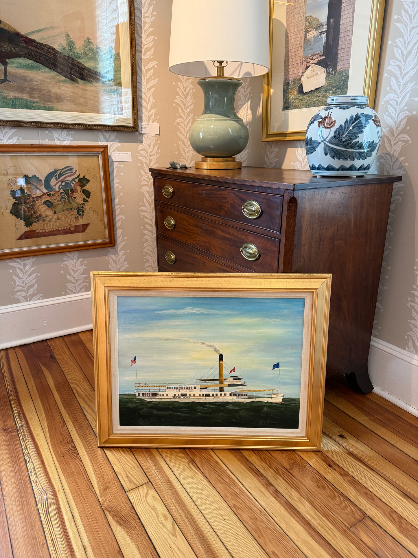 John Matassa 1885 Steamship Brandywine Ship Portrait Oil Painting in Gold Frame
