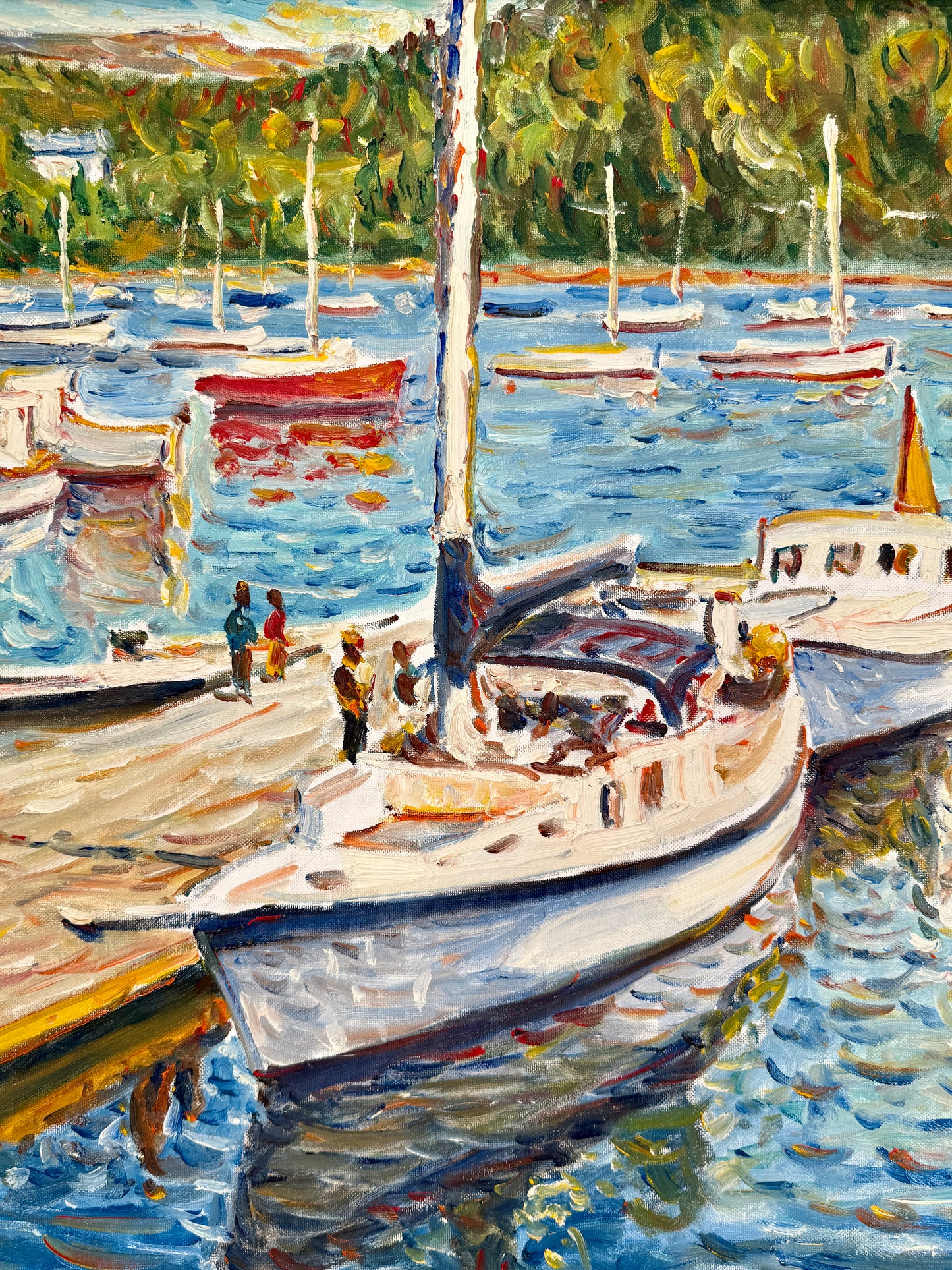 Edmund Jordan New England Sailboat Cove Seascape Oil Painting in Gold Frame