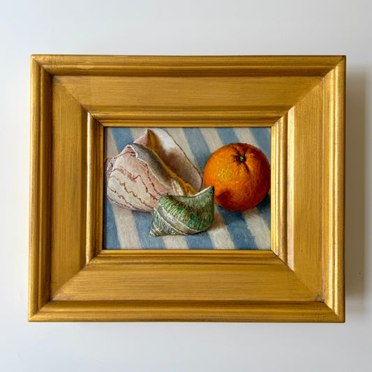 Seashells on Blue and White Striped Tablecloth Still Life Oil Painting in Gold Frame
