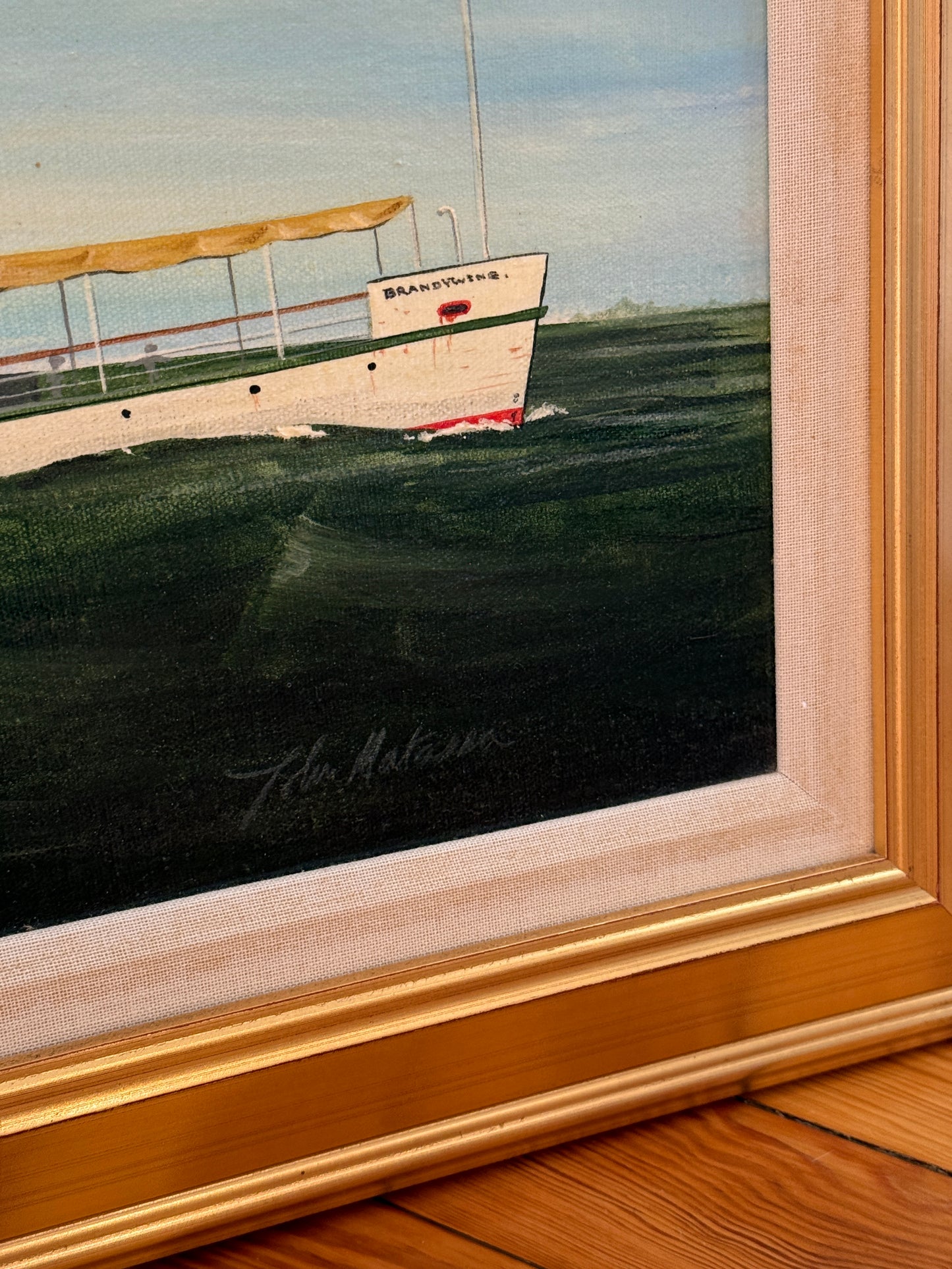 John Matassa 1885 Steamship Brandywine Ship Portrait Oil Painting in Gold Frame