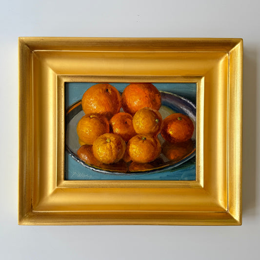 Oranges and Clementines on a Silver Platter Realist Still Life Oil Painting in Gold Frame