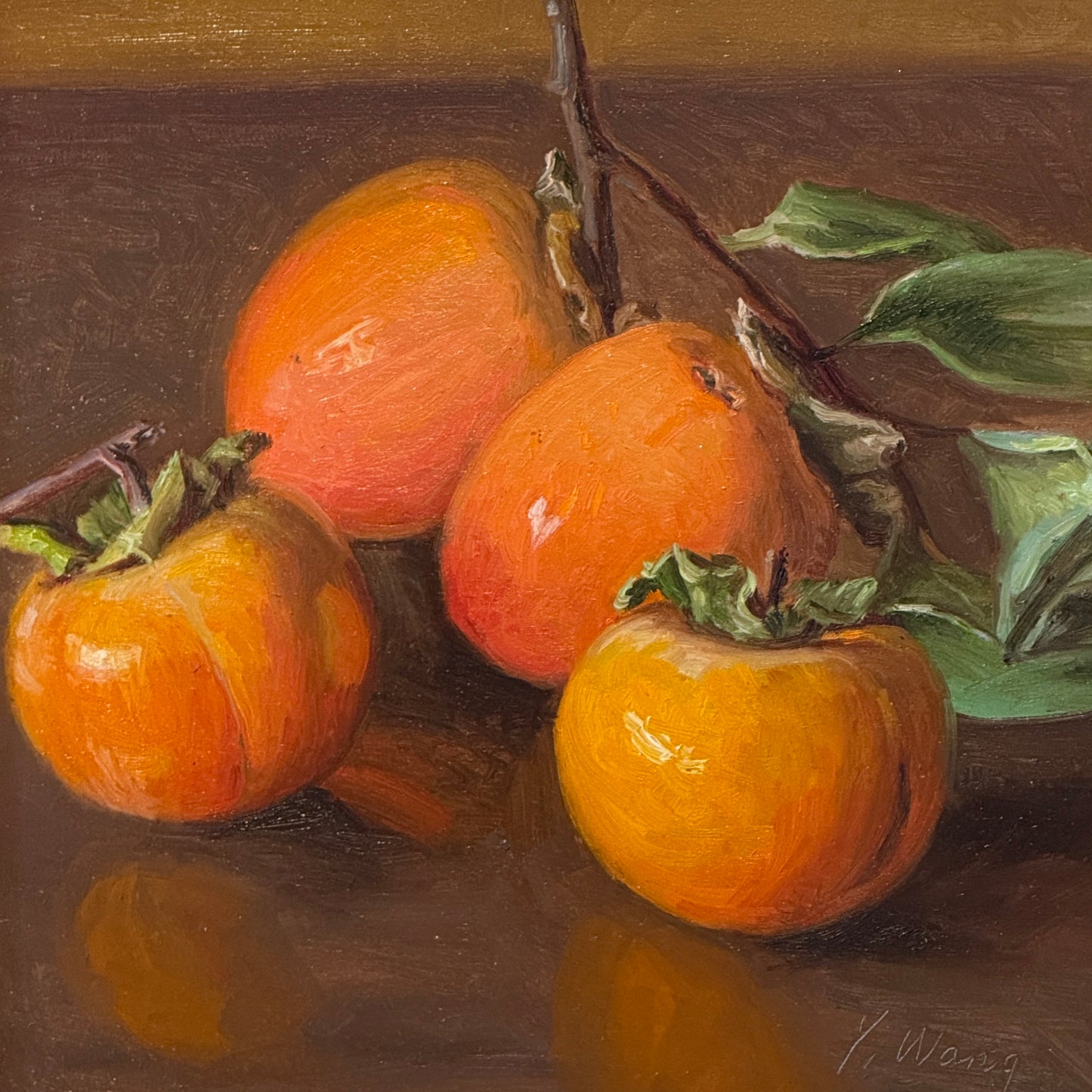 Youqing Wang Persimmons Still Life Oil Painting in Gold Frame