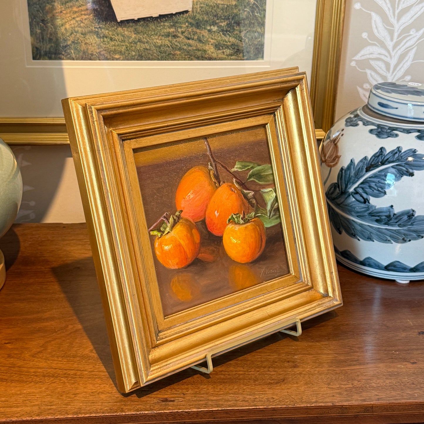 Youqing Wang Persimmons Still Life Oil Painting in Gold Frame
