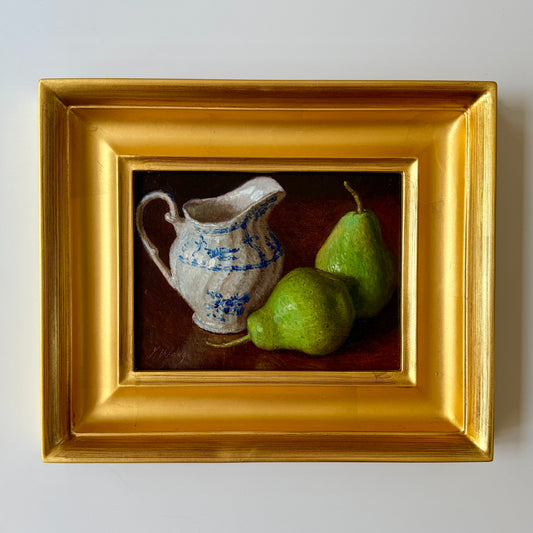 Green Pears and Blue and White Pitcher Still Life Oil Painting in Gold Frame