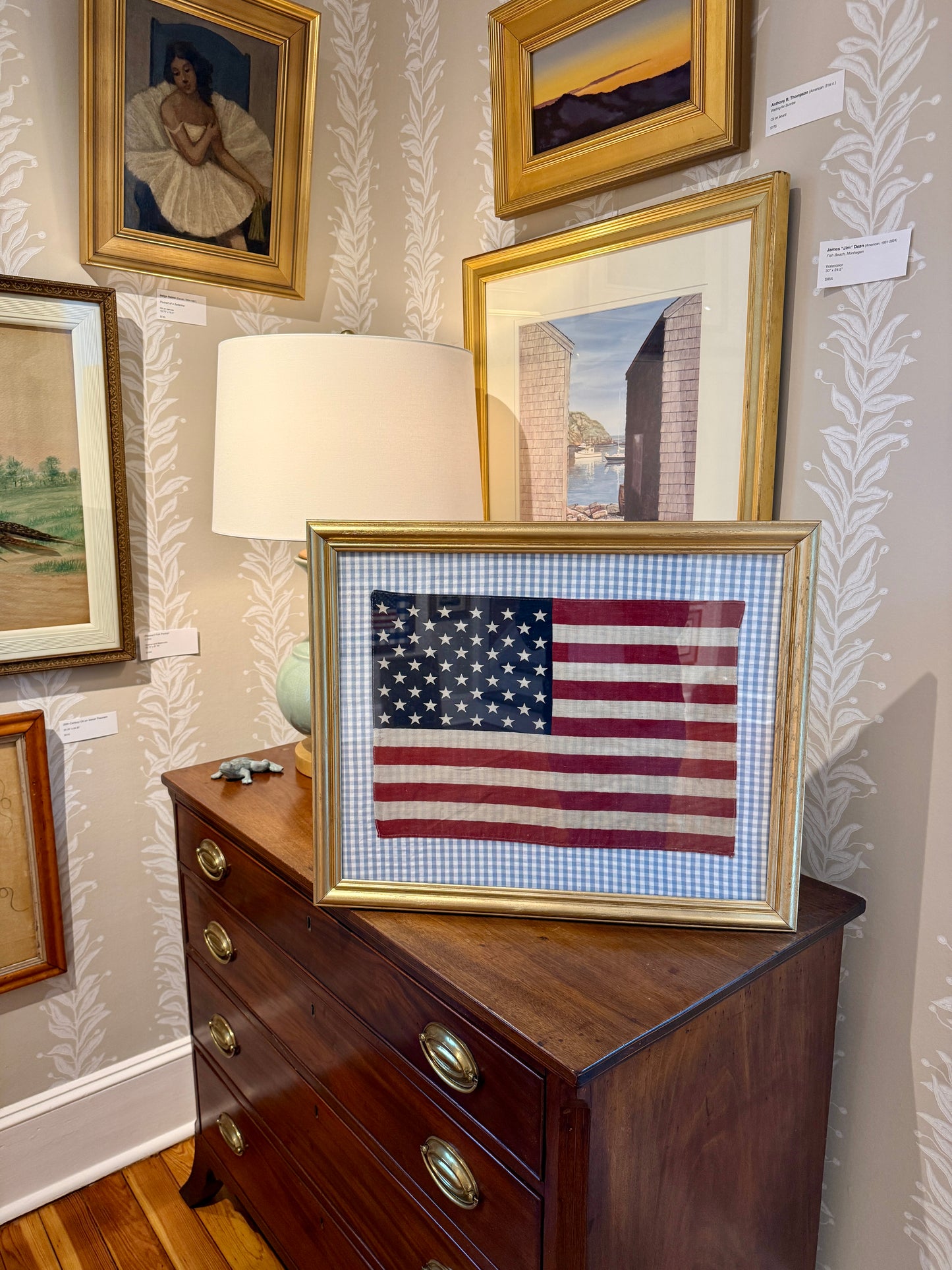 Vintage 50 Staggered Star American Flag on Light Blue Gingham Fabric in Gold Frame