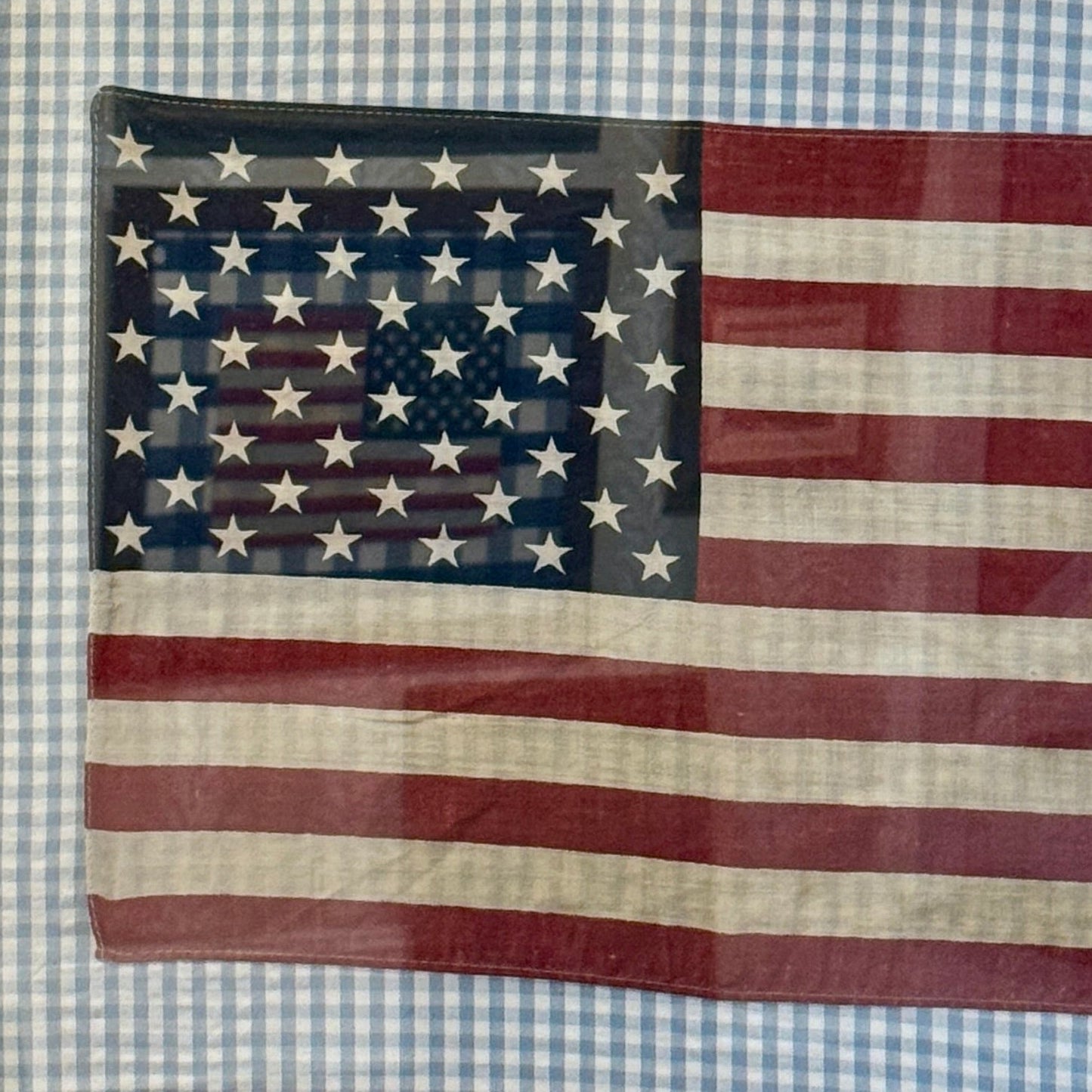 Vintage 50 Staggered Star American Flag on Light Blue Gingham Fabric in Gold Frame