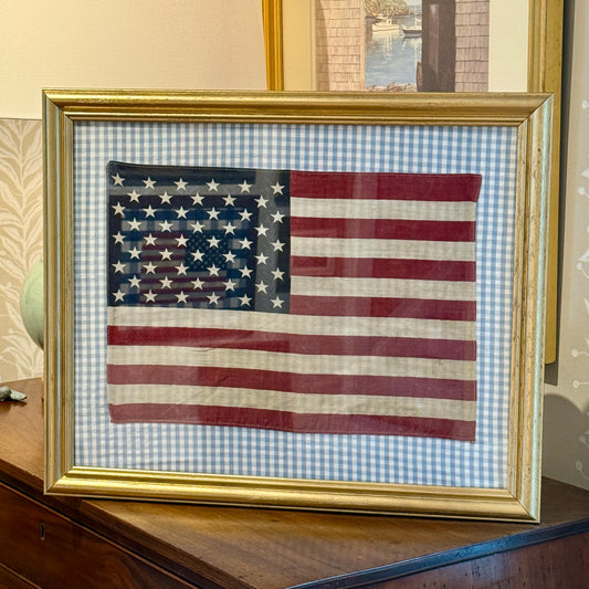 Vintage 50 Staggered Star American Flag on Light Blue Gingham Fabric in Gold Frame
