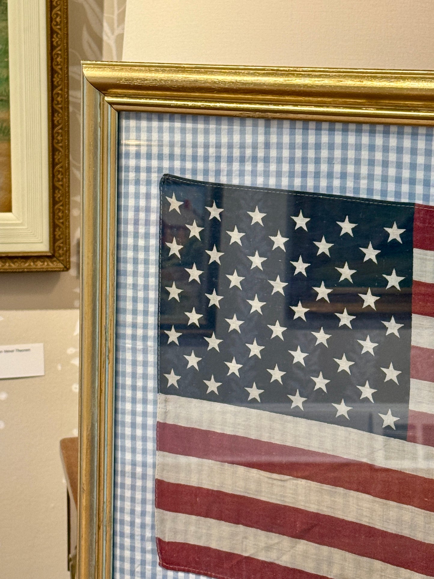 Vintage 50 Staggered Star American Flag on Light Blue Gingham Fabric in Gold Frame