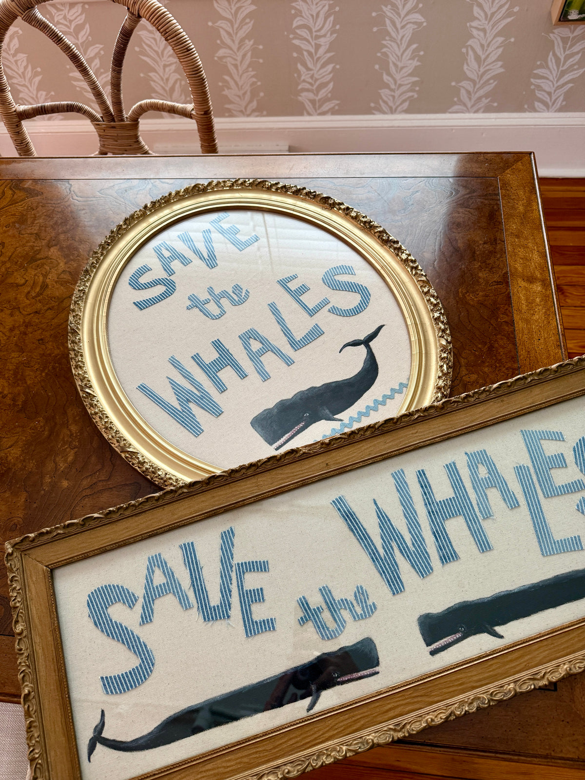 Save The Whales Mixed Media Painting on Ivory Duck Cloth in Ornate Gold Frame