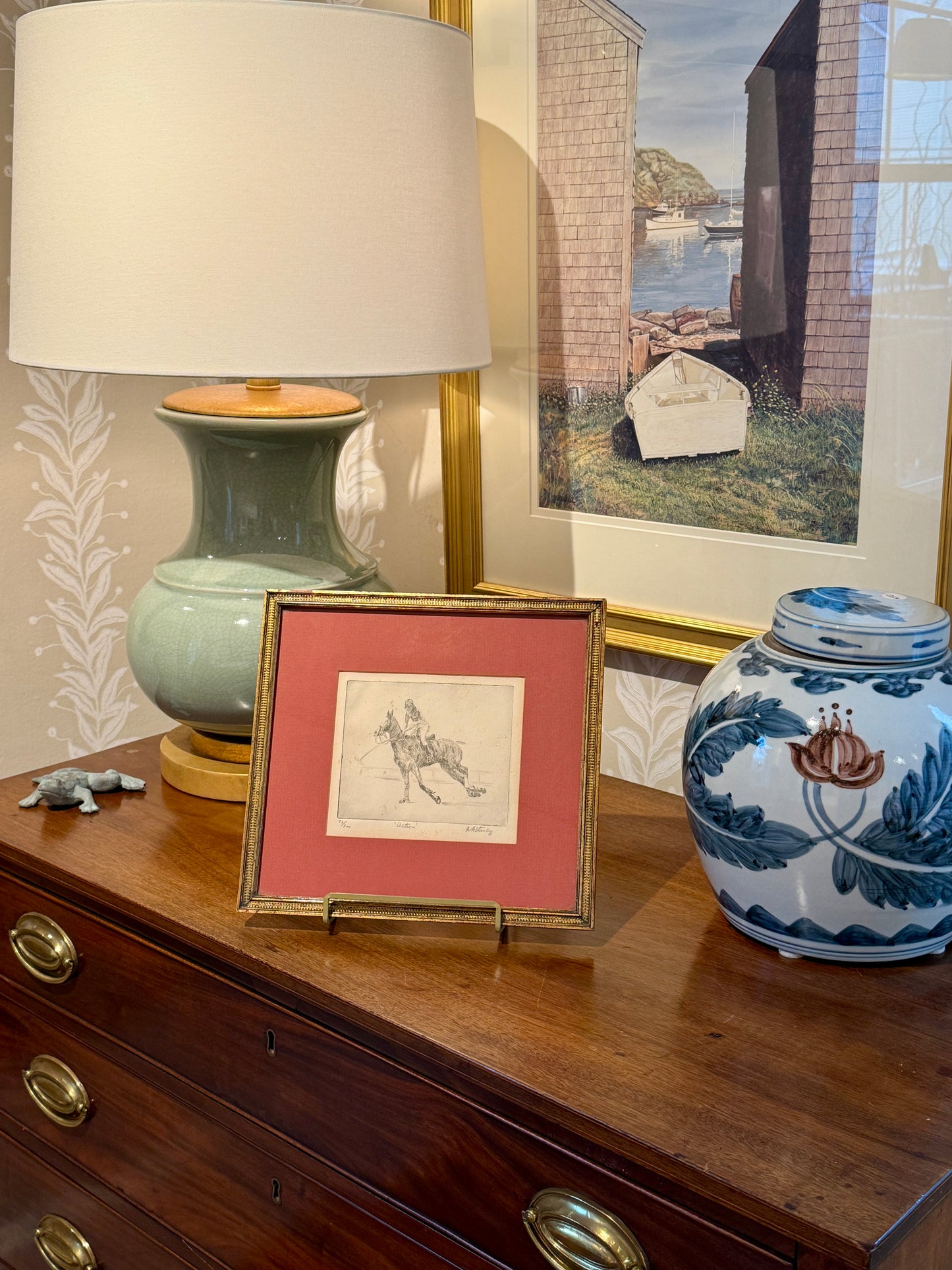 A.H. Stanley Horse and Rider Polo Etching in Gold Frame