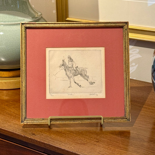 A.H. Stanley Horse and Rider Polo Etching in Gold Frame