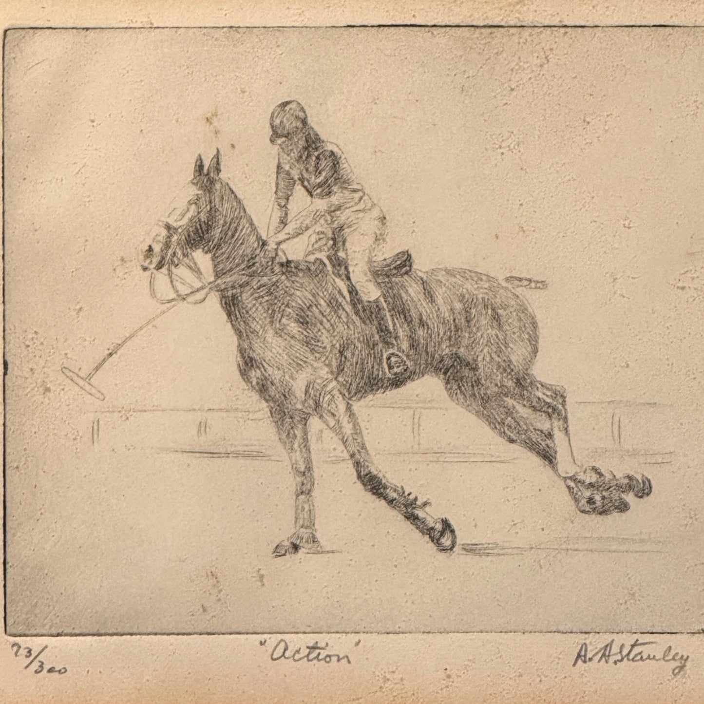 A.H. Stanley Horse and Rider Polo Etching in Gold Frame