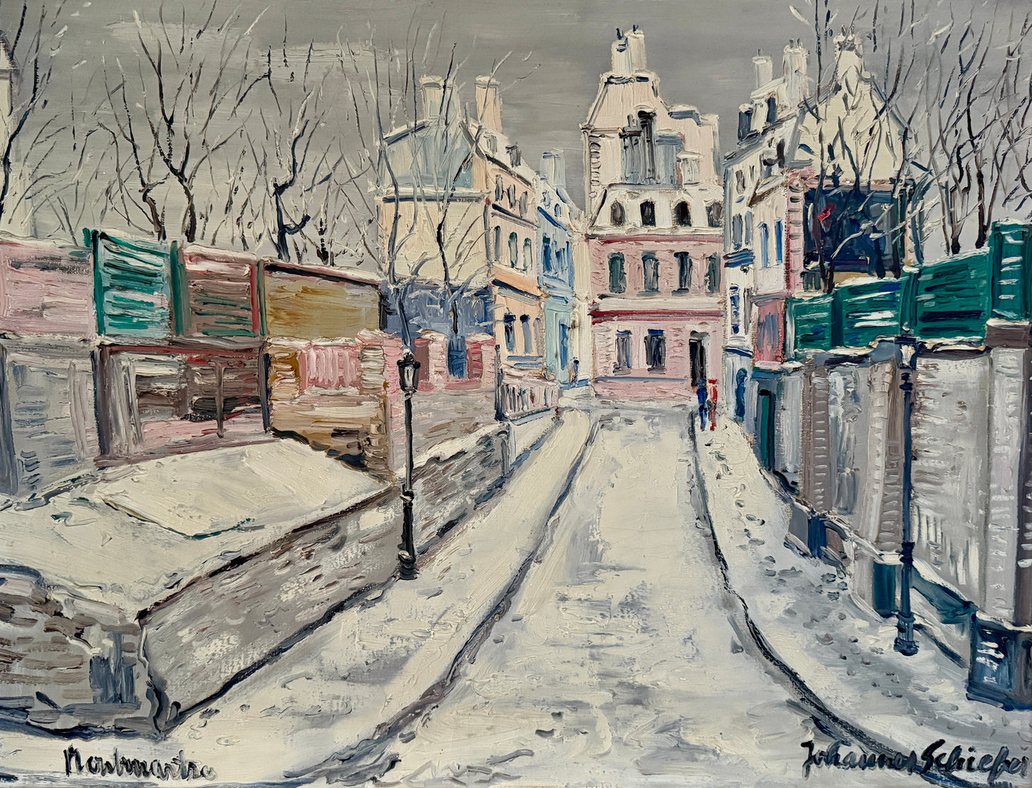 Johannes Schiefer Montmarte Paris in the Snow Oil Painting in Gold Frame