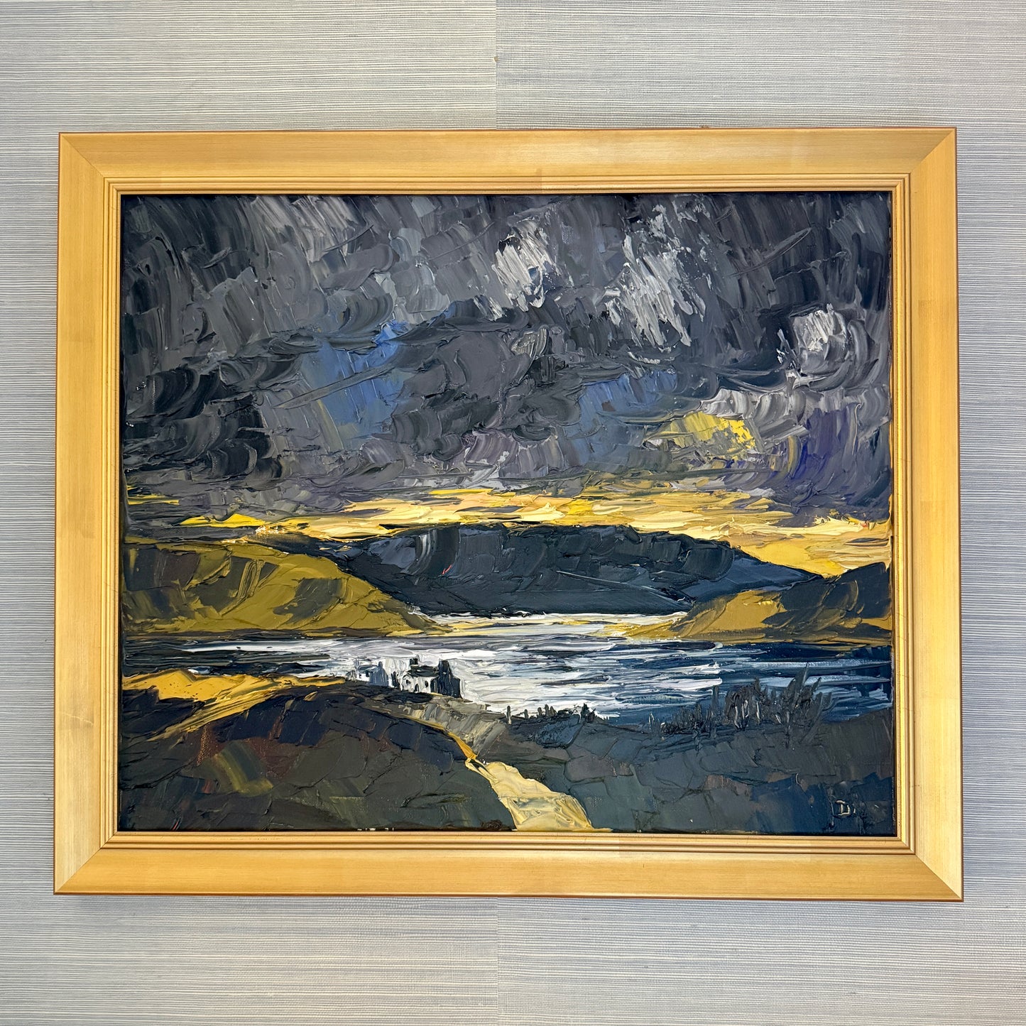 Moody Scottish Loch Mountain Landscape at Sunset Impasto Oil Painting in Gold Frame