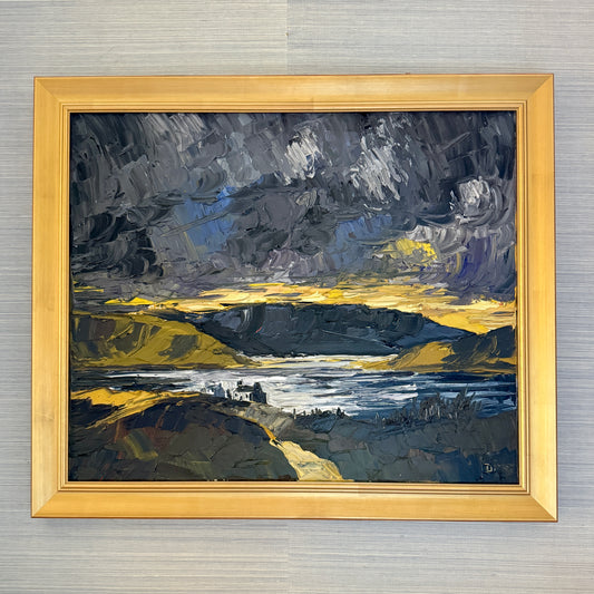 Moody Scottish Loch Mountain Landscape at Sunset Impasto Oil Painting in Gold Frame