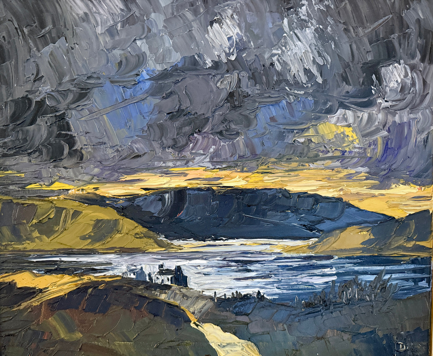 Moody Scottish Loch Mountain Landscape at Sunset Impasto Oil Painting in Gold Frame