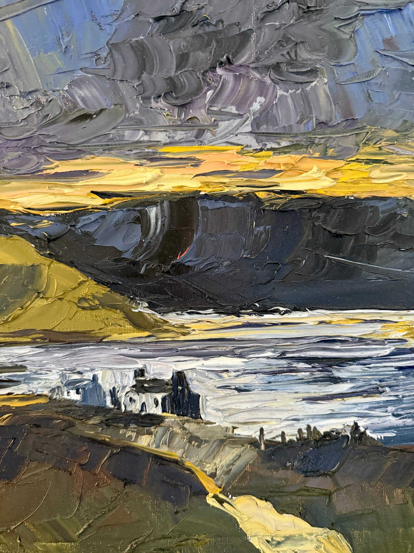 Moody Scottish Loch Mountain Landscape at Sunset Impasto Oil Painting in Gold Frame