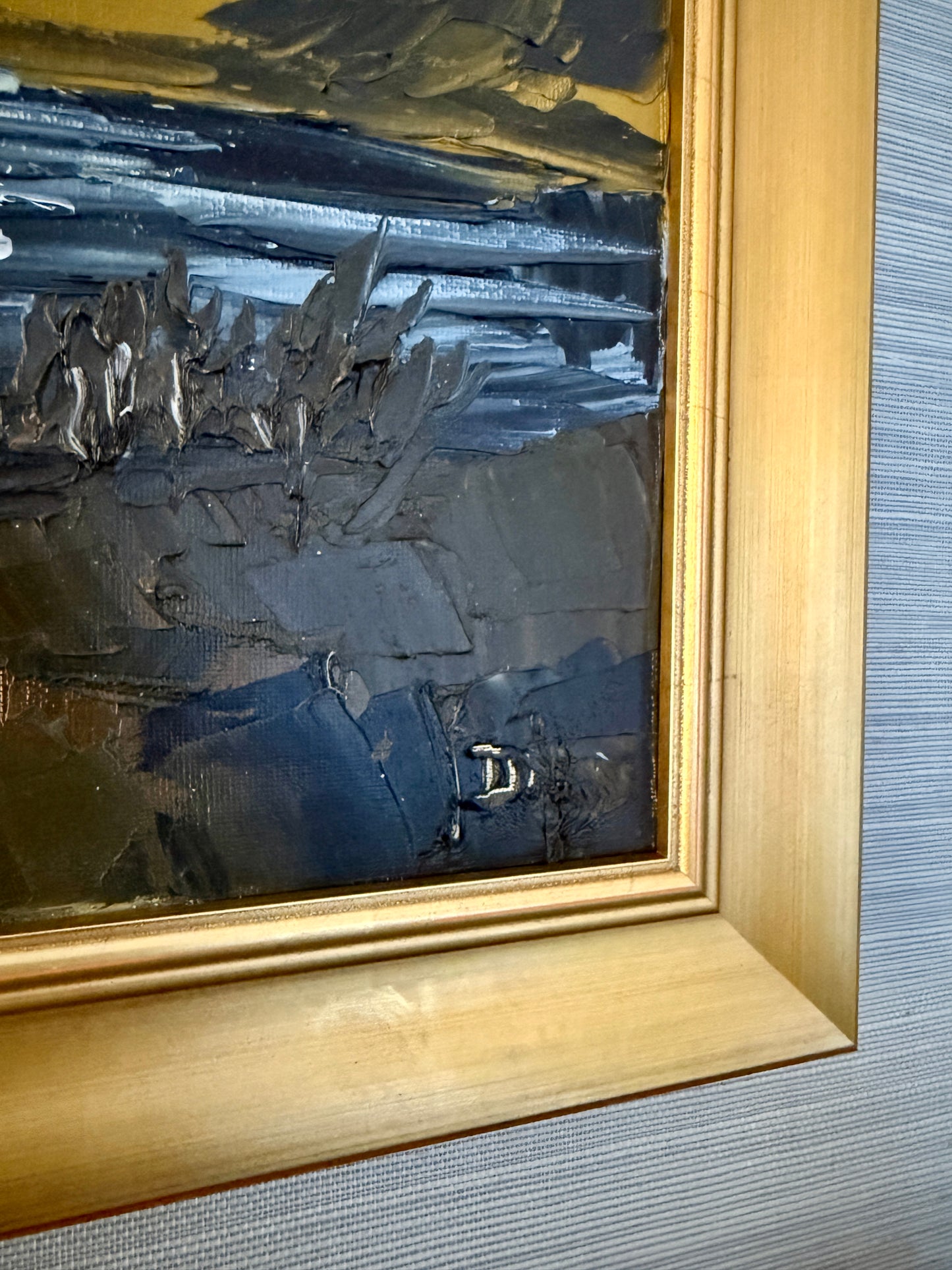 Moody Scottish Loch Mountain Landscape at Sunset Impasto Oil Painting in Gold Frame