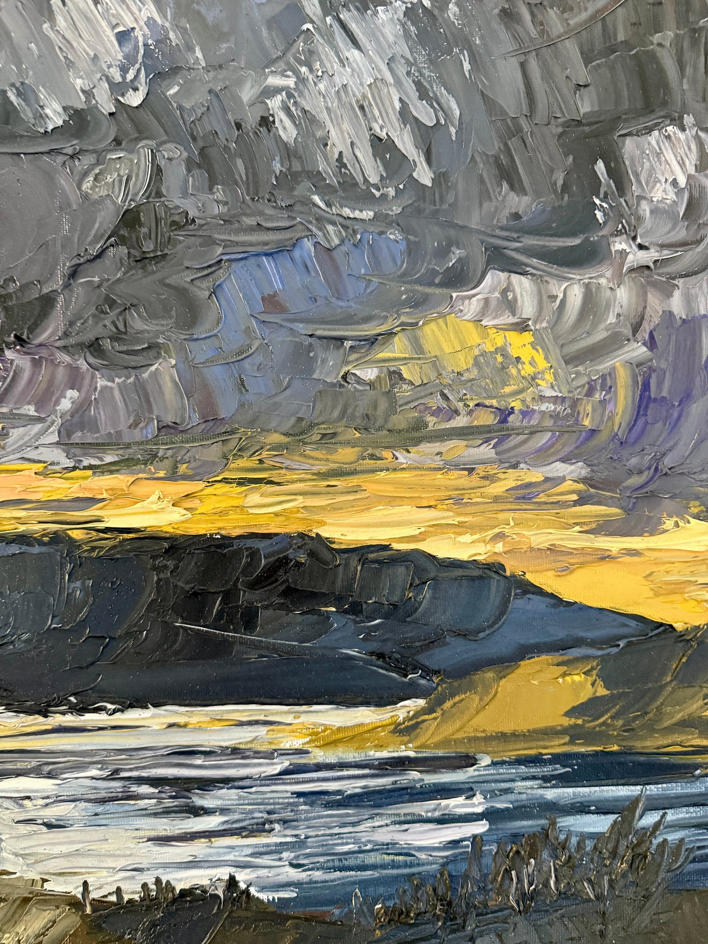 Moody Scottish Loch Mountain Landscape at Sunset Impasto Oil Painting in Gold Frame