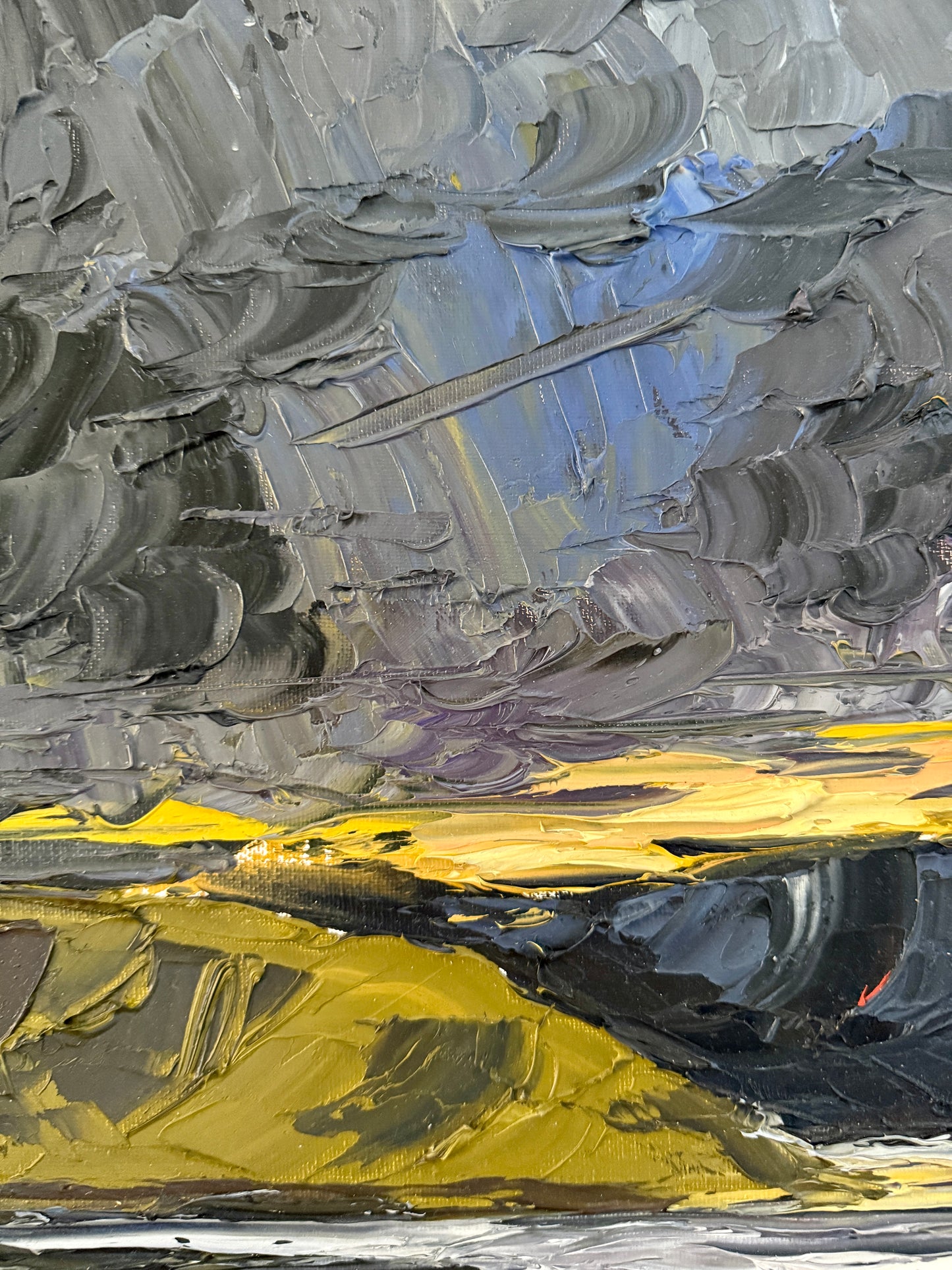 Moody Scottish Loch Mountain Landscape at Sunset Impasto Oil Painting in Gold Frame