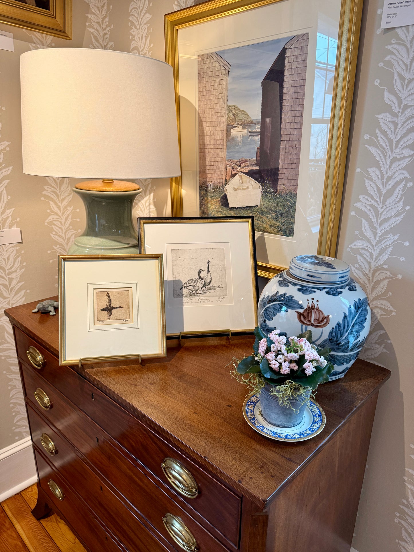 Neil Rizos Goose in Flight Bird Etching in Gold Frame