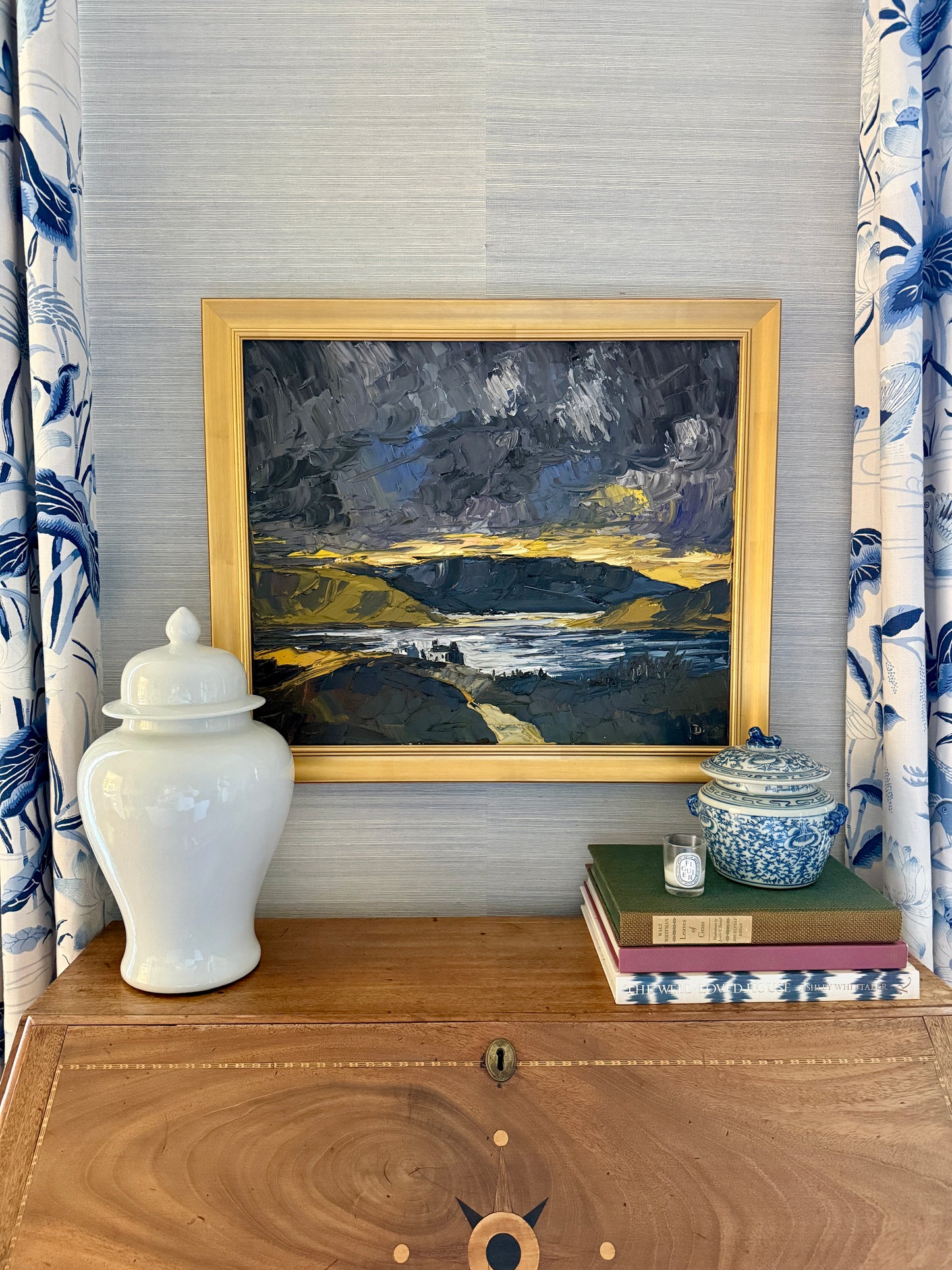 Moody Scottish Loch Mountain Landscape at Sunset Impasto Oil Painting in Gold Frame