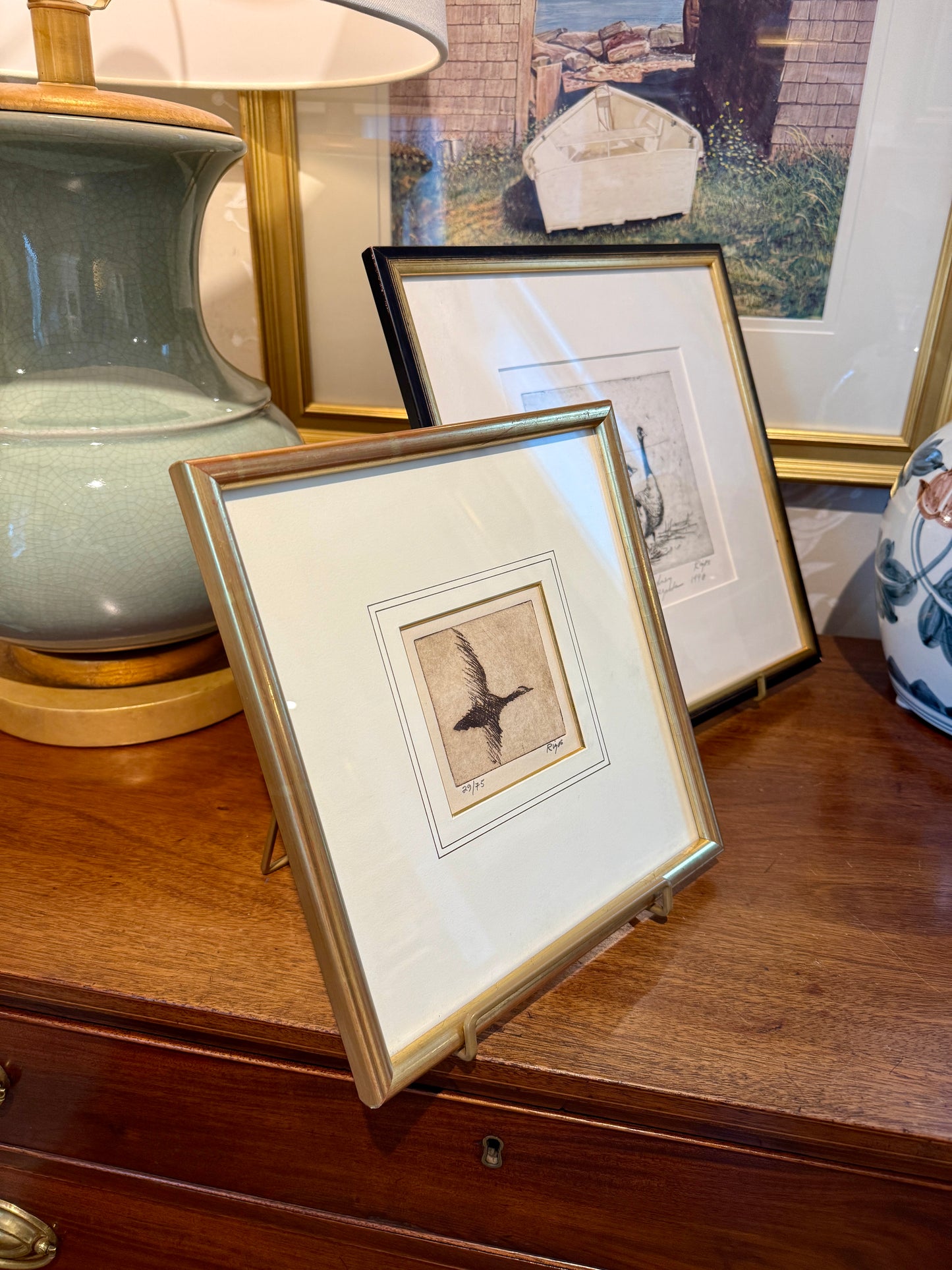 Neil Rizos Goose in Flight Bird Etching in Gold Frame