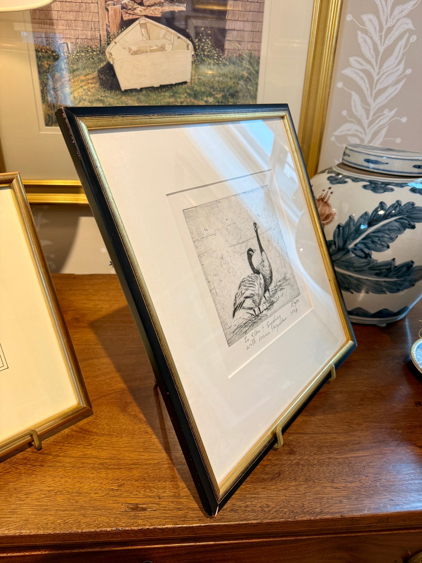 Neil Rizos Pair of Geese Bird Etching in Black and Gold Frame