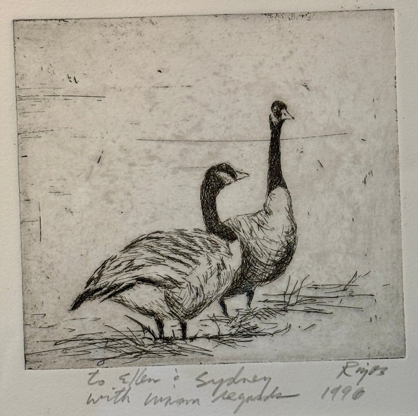 Neil Rizos Pair of Geese Bird Etching in Black and Gold Frame