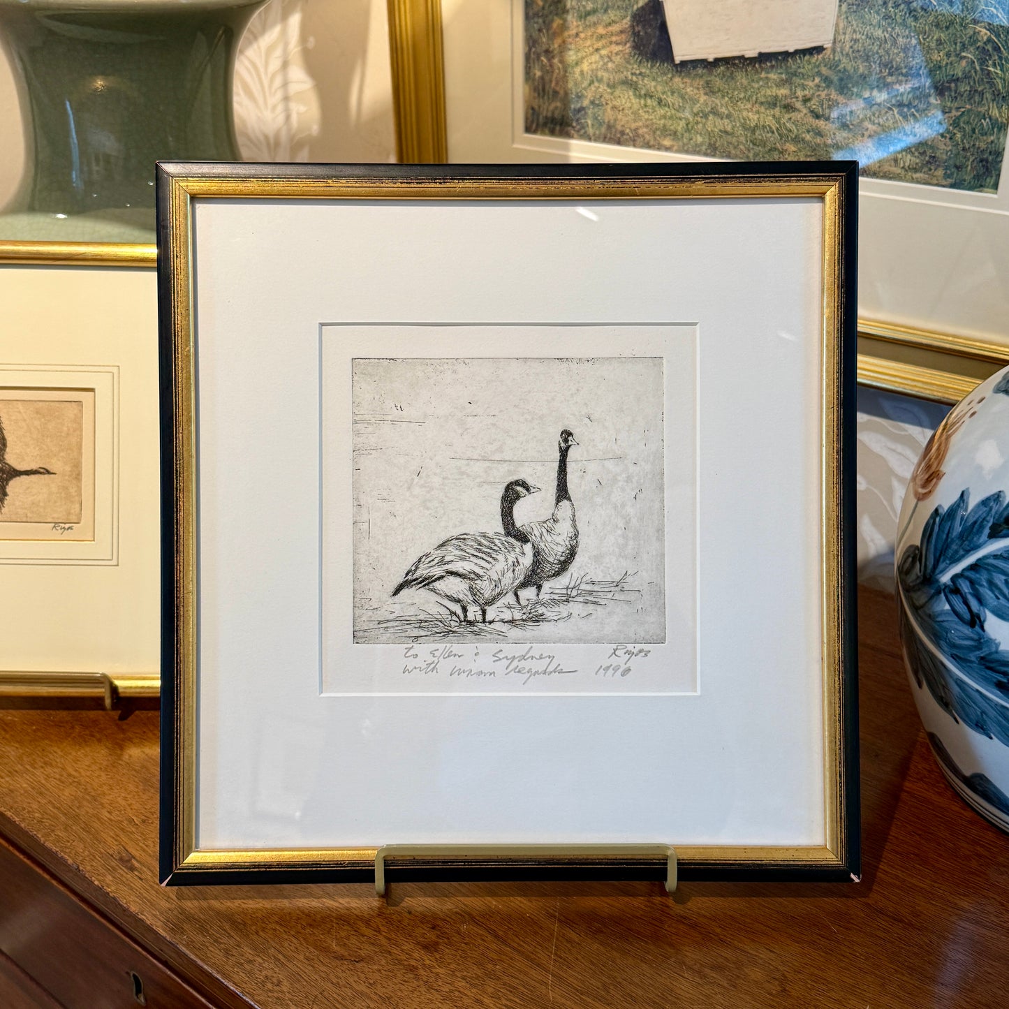 Neil Rizos Pair of Geese Bird Etching in Black and Gold Frame