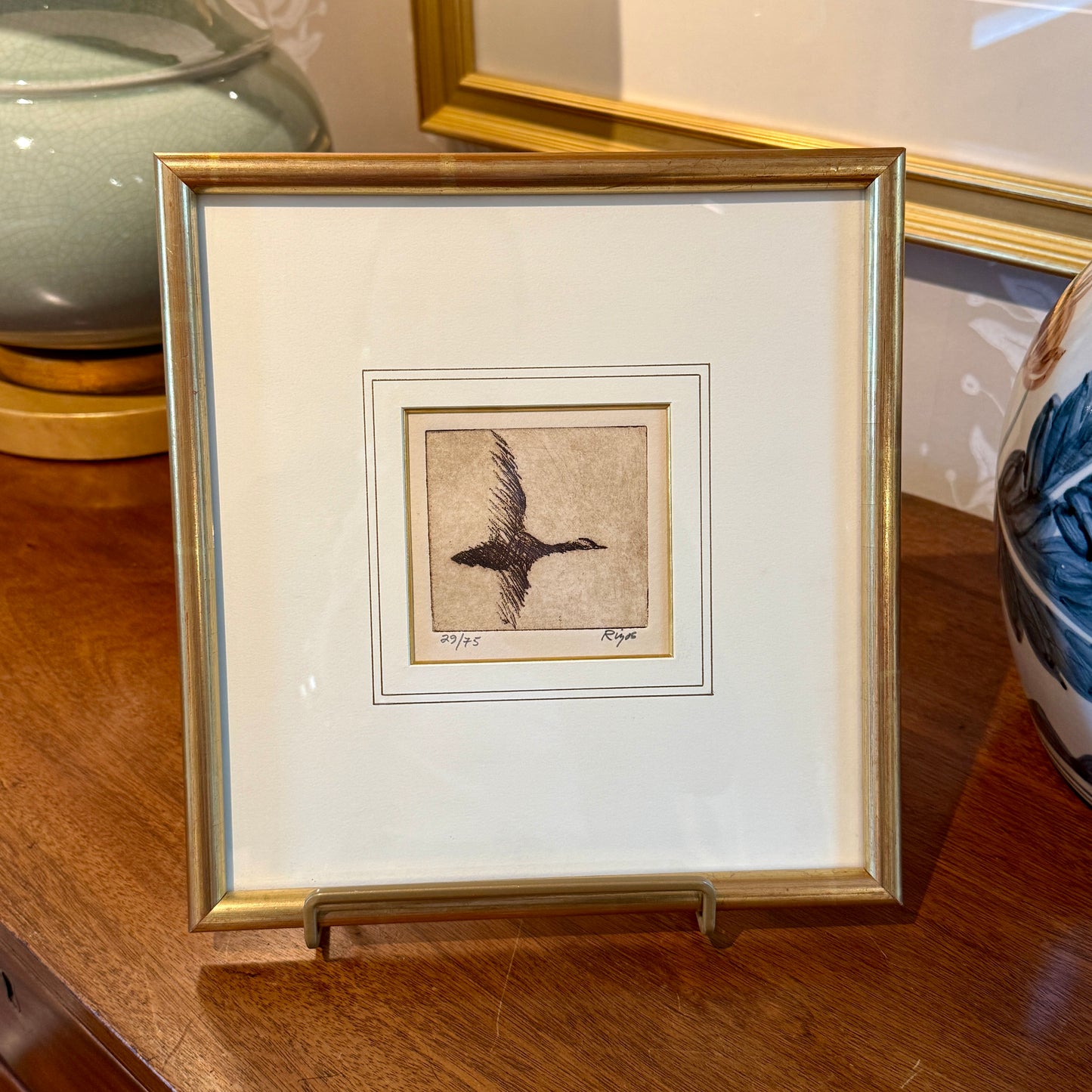 Neil Rizos Goose in Flight Bird Etching in Gold Frame