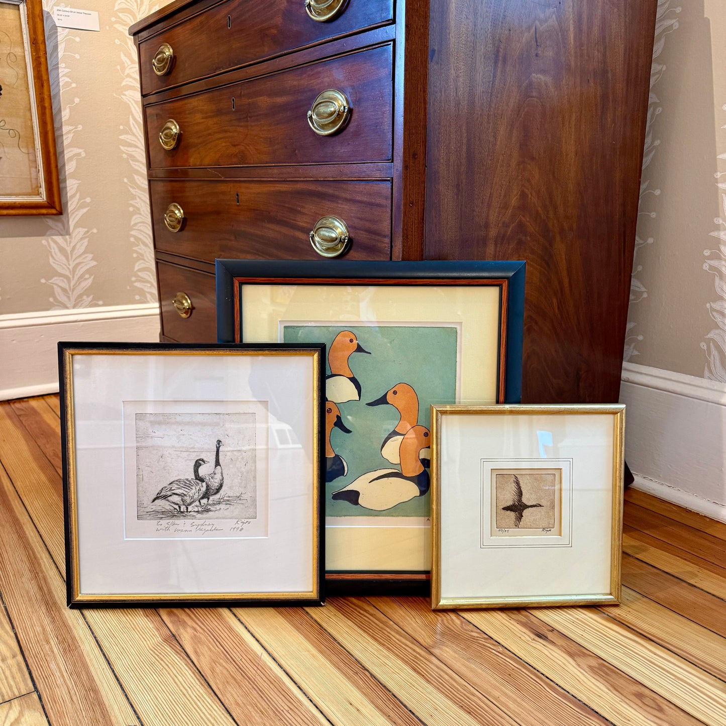 Neil Rizos Goose in Flight Bird Etching in Gold Frame