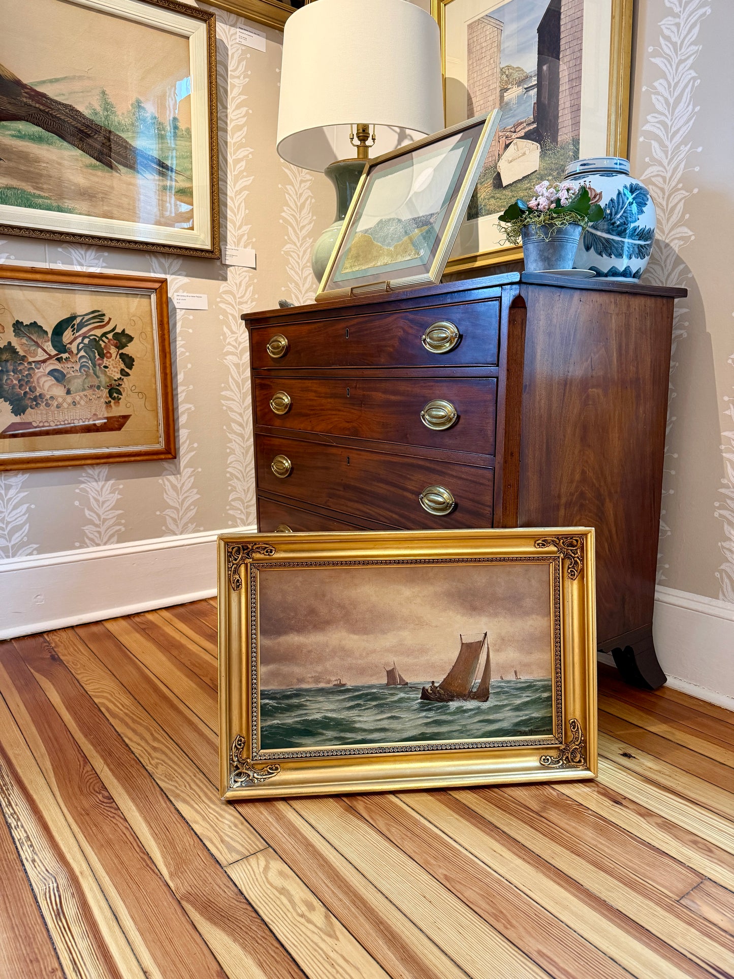 Johan Neumann Boats Crossing Seascape Oil Painting in Gold Frame
