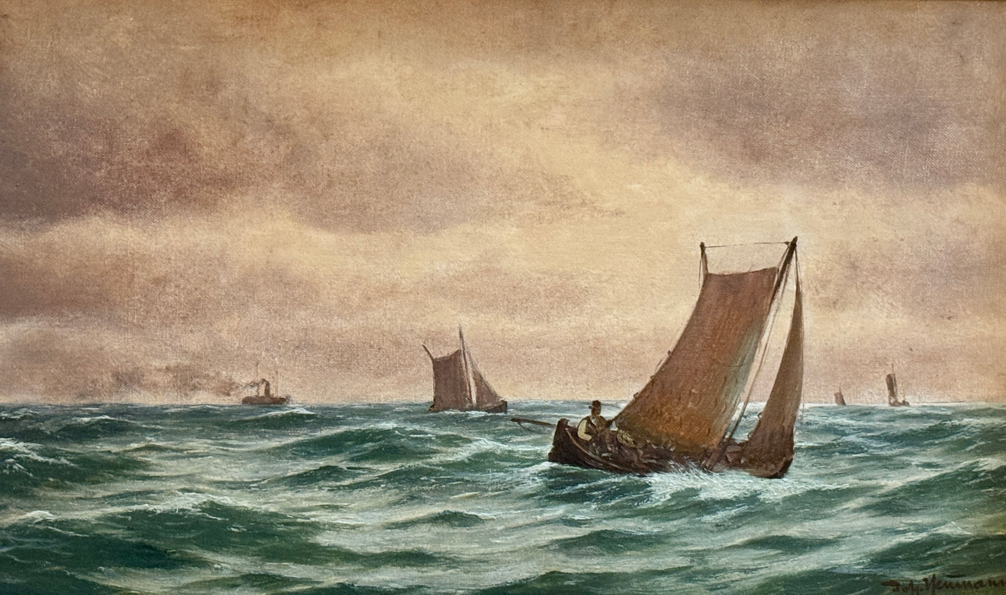 Johan Neumann Boats Crossing Seascape Oil Painting in Gold Frame