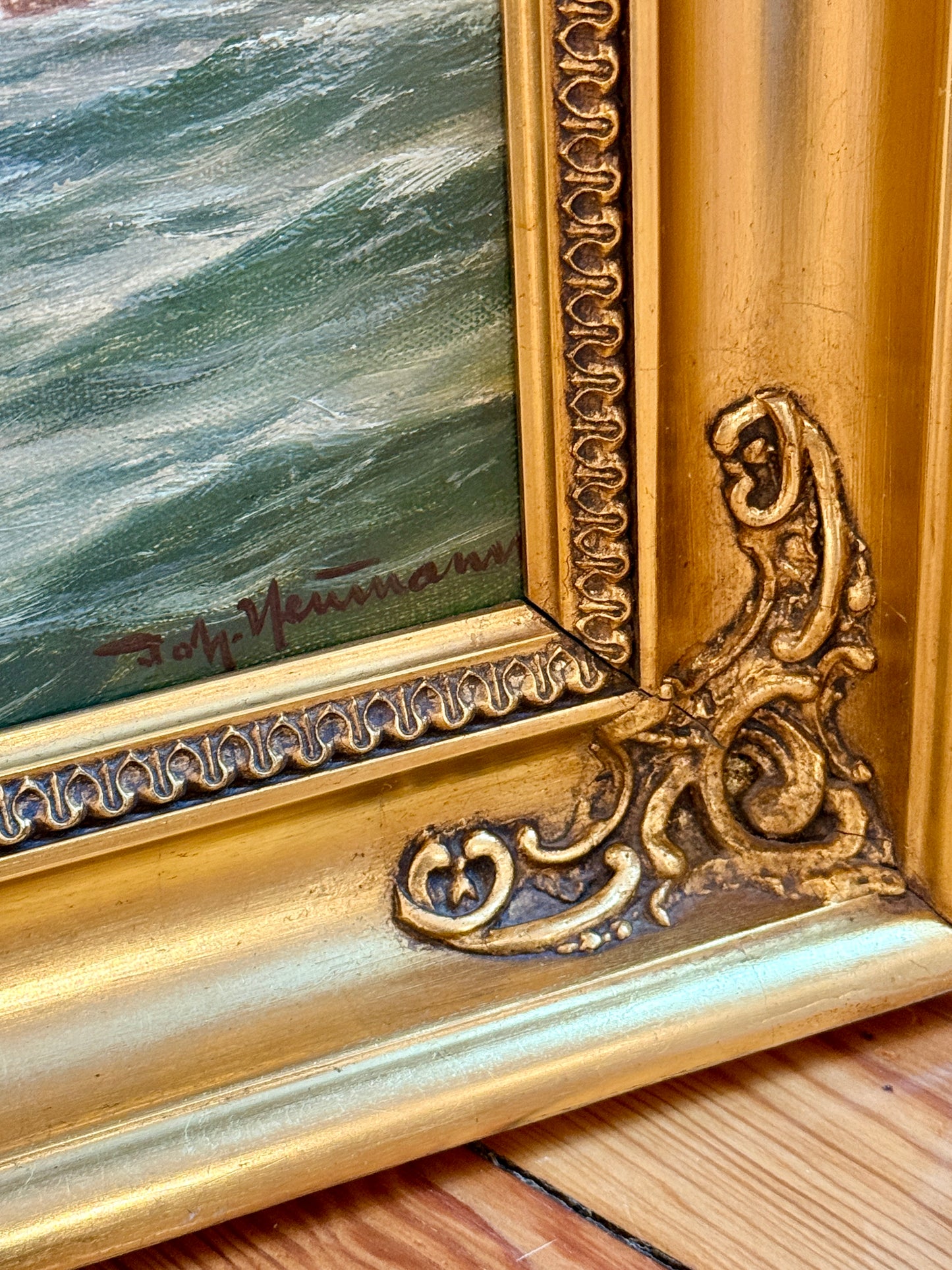 Johan Neumann Boats Crossing Seascape Oil Painting in Gold Frame